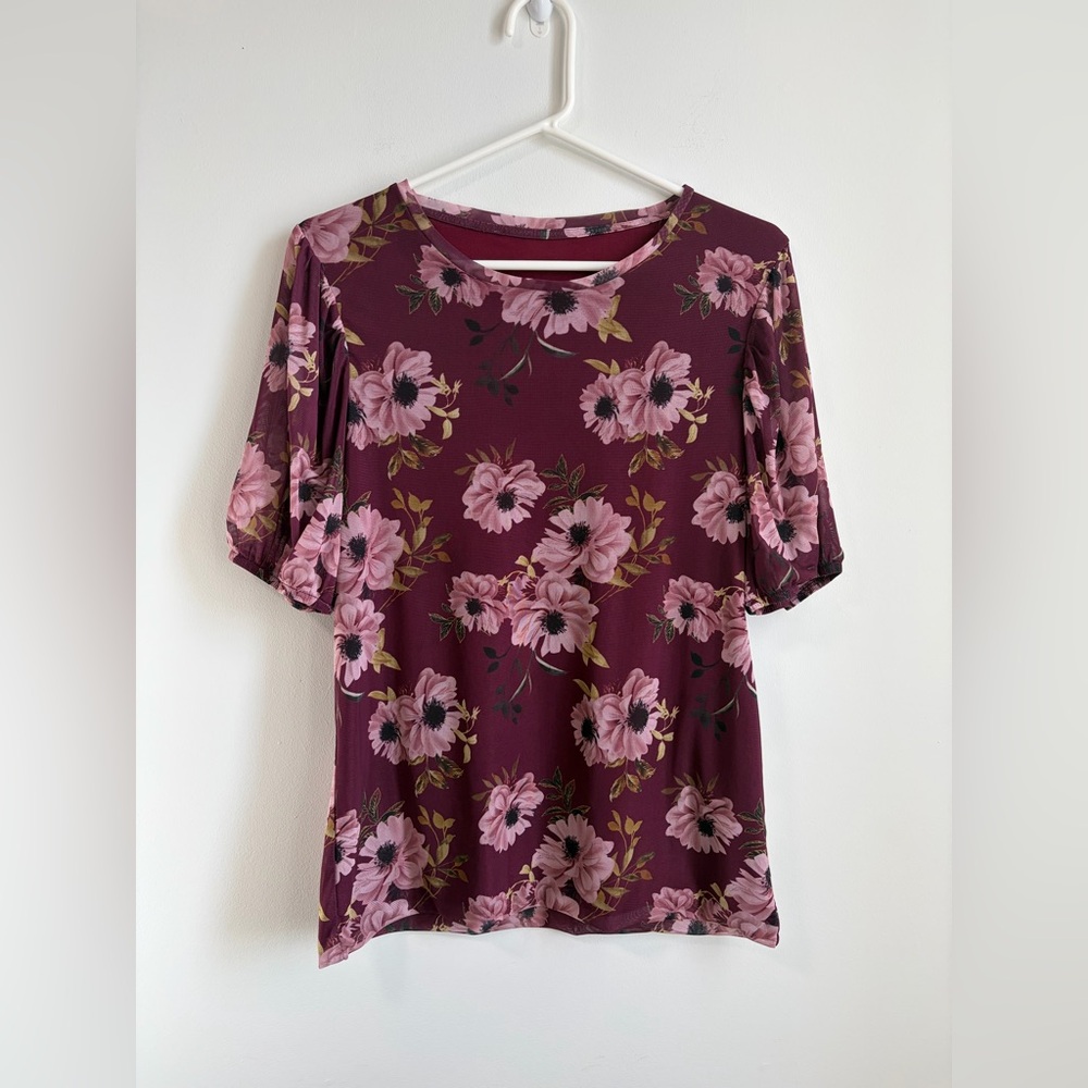 Burgundy Pink Floral Short Sleeve Women's Blouse
